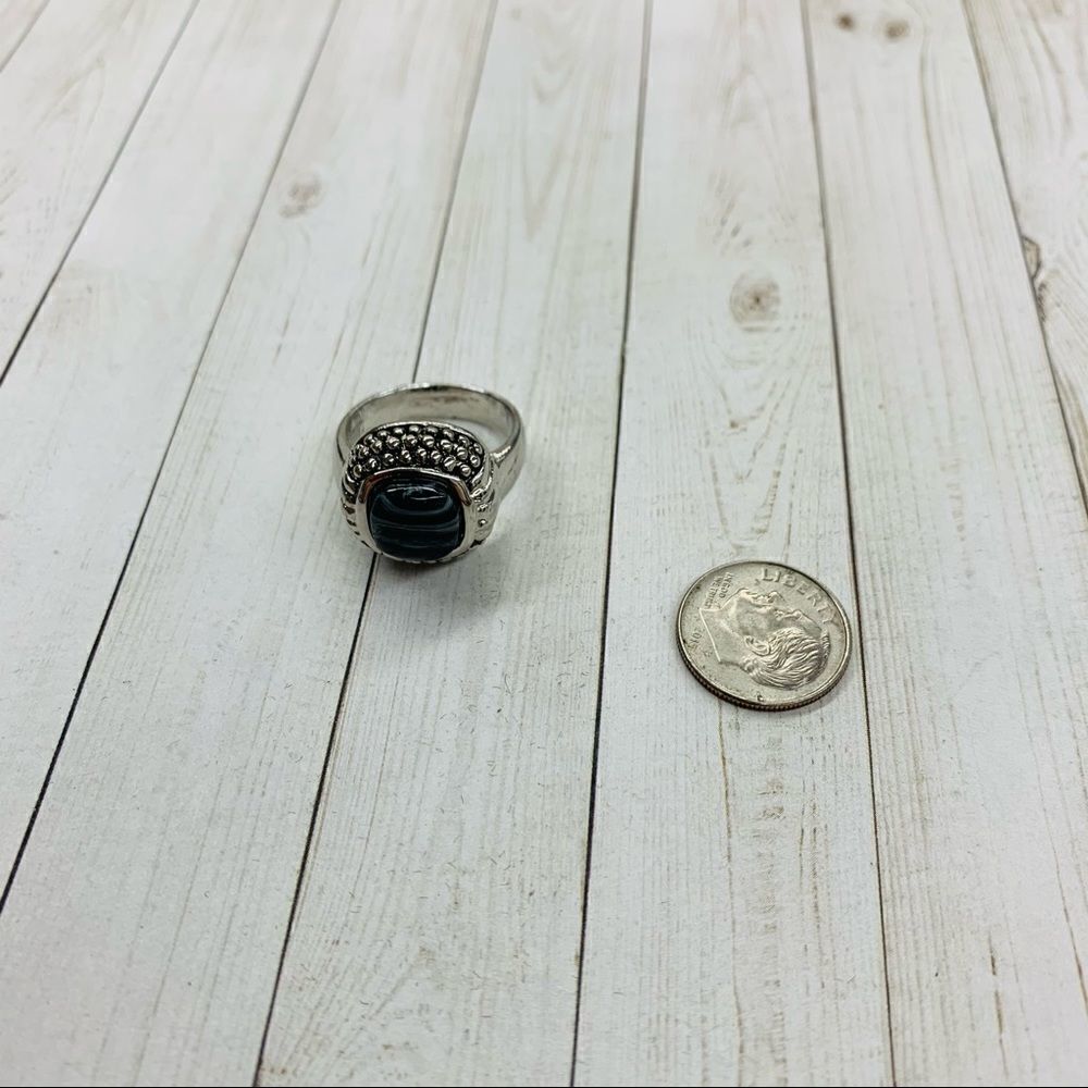 Black Striped Glass Silver Ring